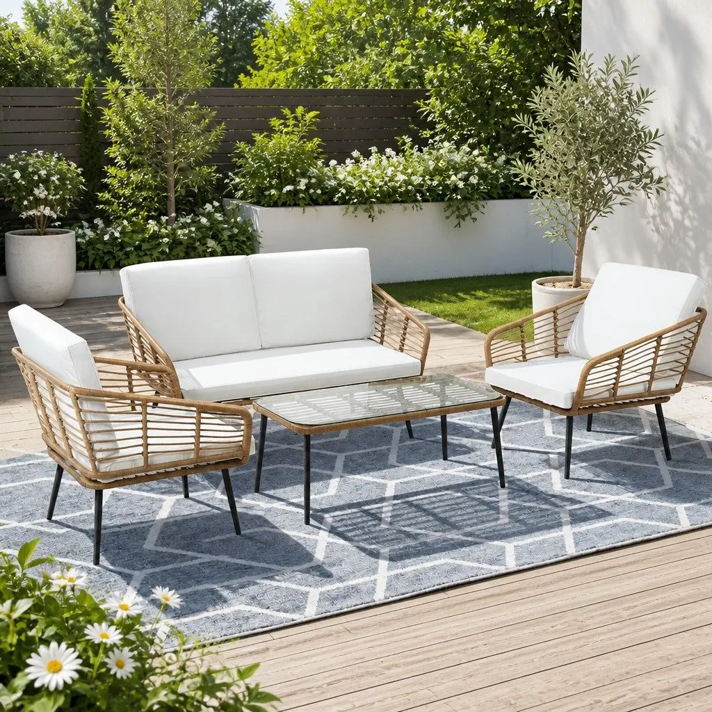 4-Piece Rattan Lounge Set with Cushions