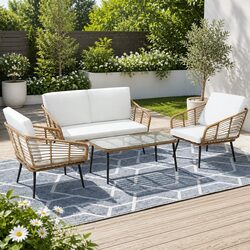 4-Piece Outdoor Lounge Setting Rattan Sofa Set with Table and Cushions White