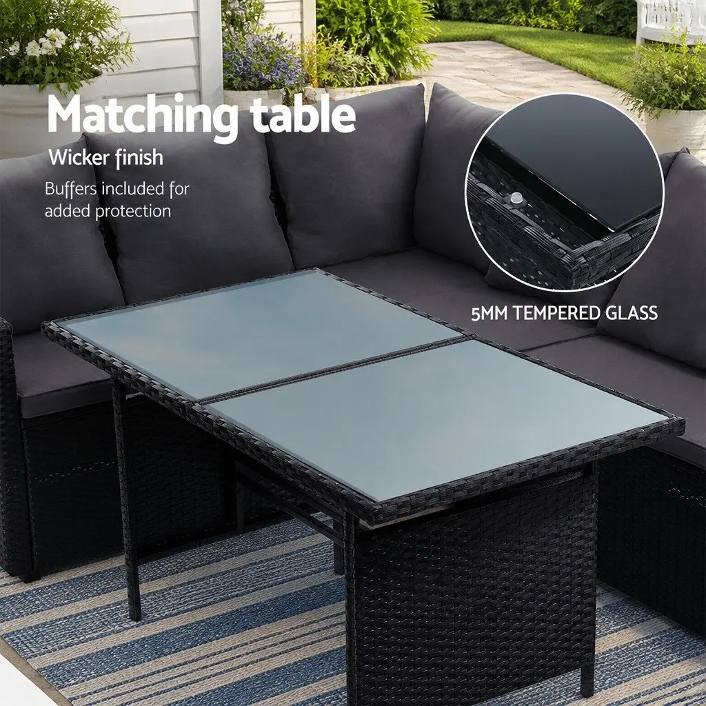 Outdoor Sofa Dining Set 8 Seater Wicker Lounge with Table Black Garden Furniture