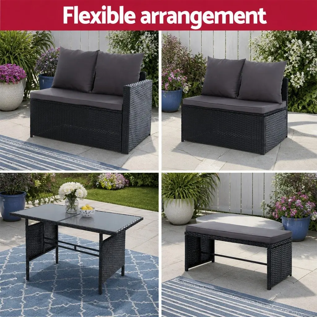 Outdoor Sofa Dining Set 8 Seater Wicker Lounge with Table Black Garden Furniture