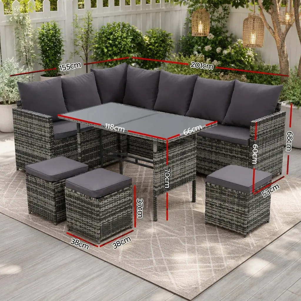 Outdoor Sofa Dining Set 9 Seater Lounge Chairs Table Ottoman Grey