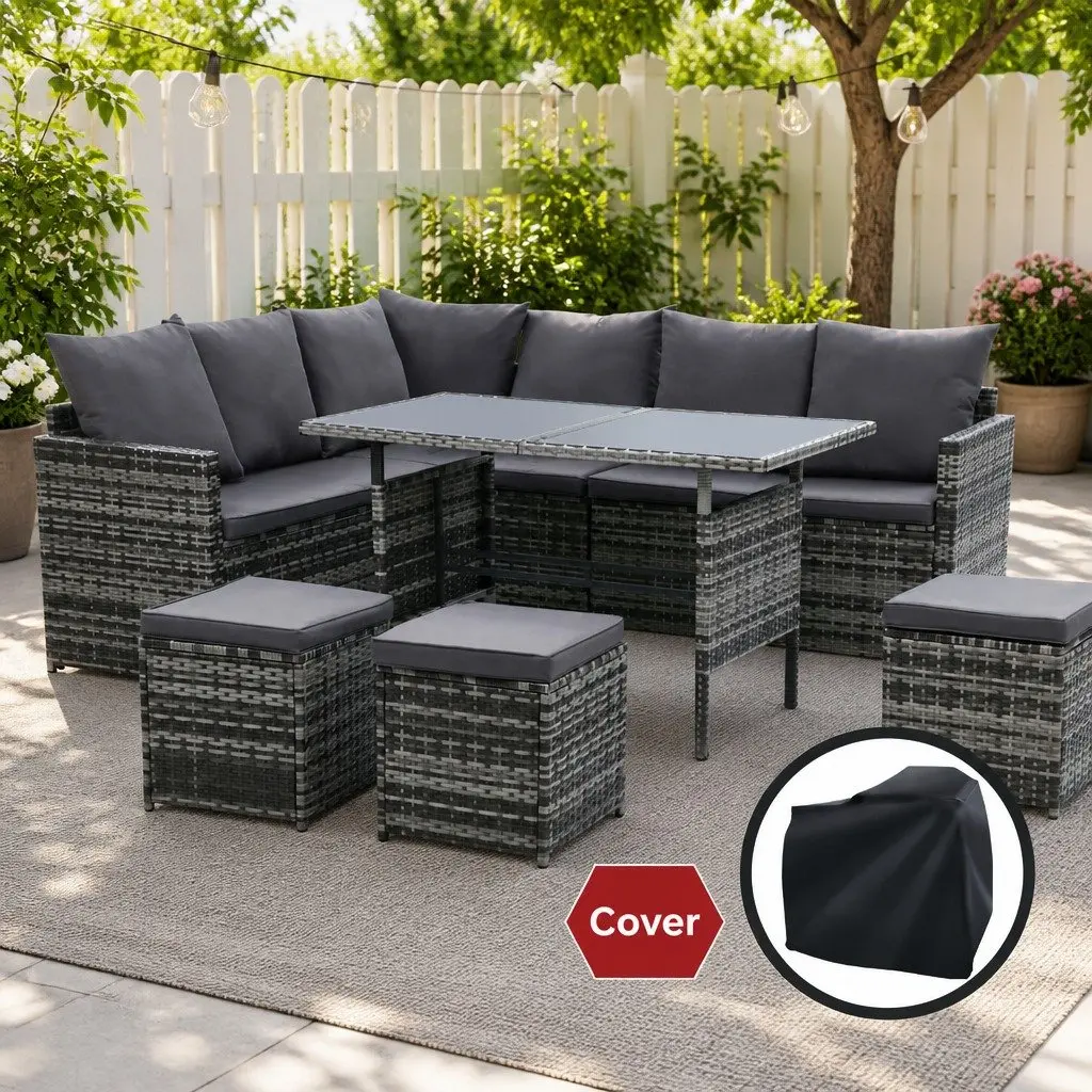 Outdoor Sofa Dining Set 9 Seater Lounge Chairs Table Ottoman Grey