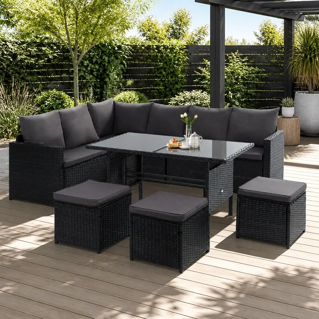 Wicker Sofa Set 9 Seater Outdoor Lounge Dining Arrangement with Table Black