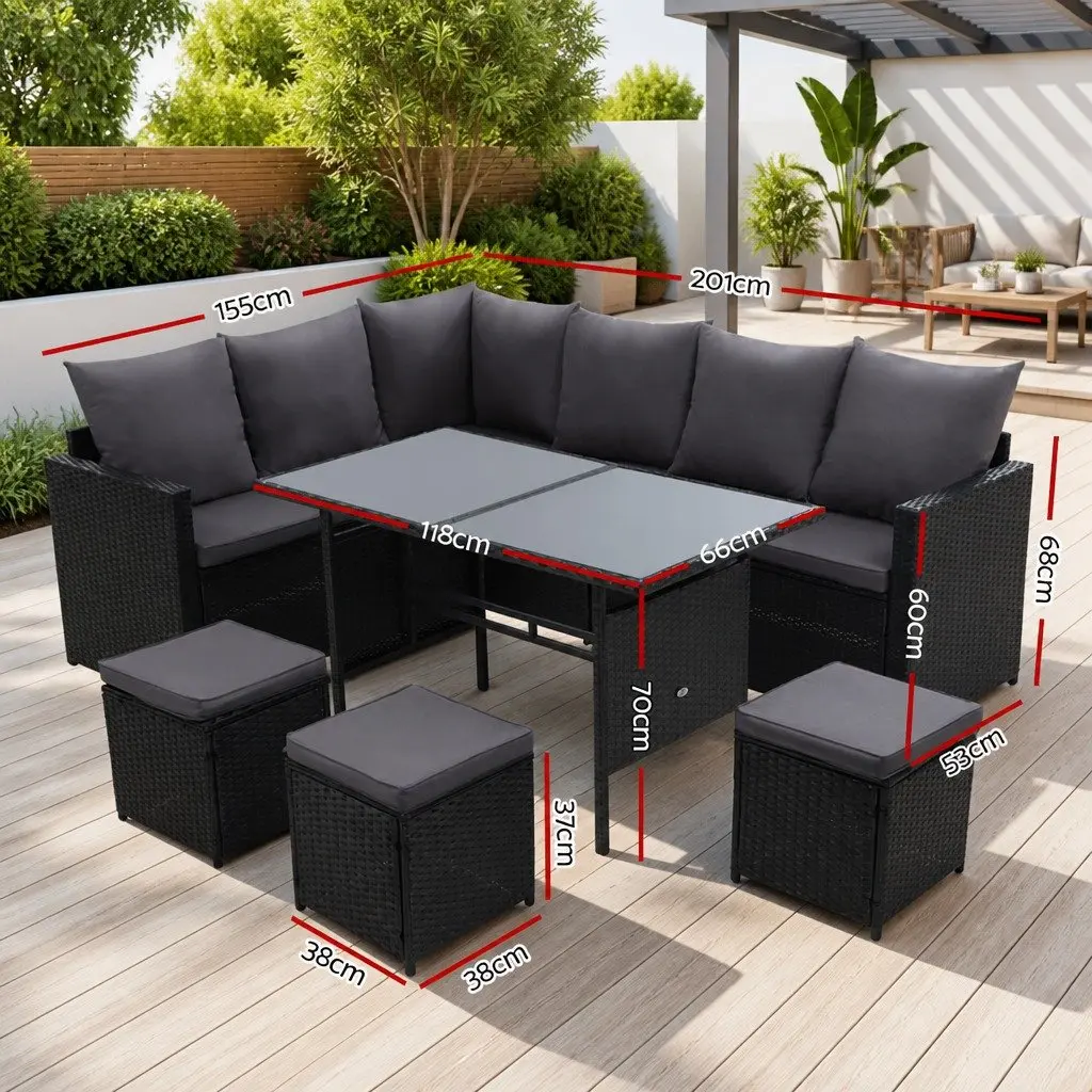 Wicker Sofa Set 9 Seater Outdoor Lounge Dining Arrangement with Table Black