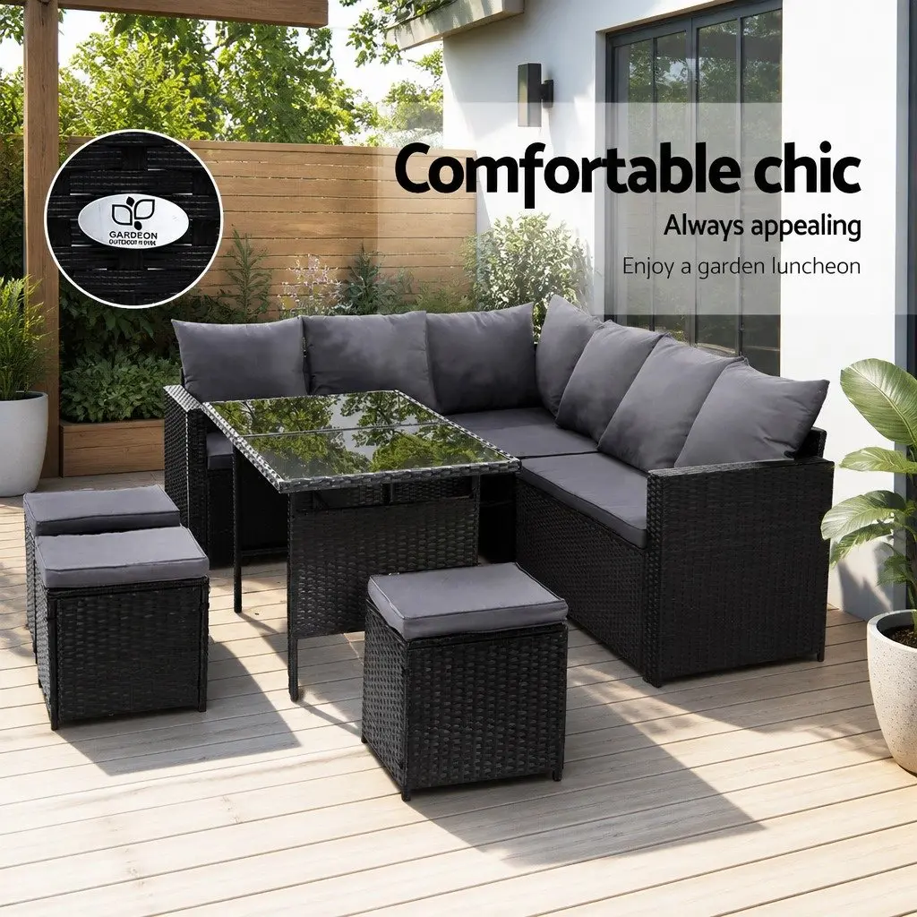 Wicker Sofa Set 9 Seater Outdoor Lounge Dining Arrangement with Table Black