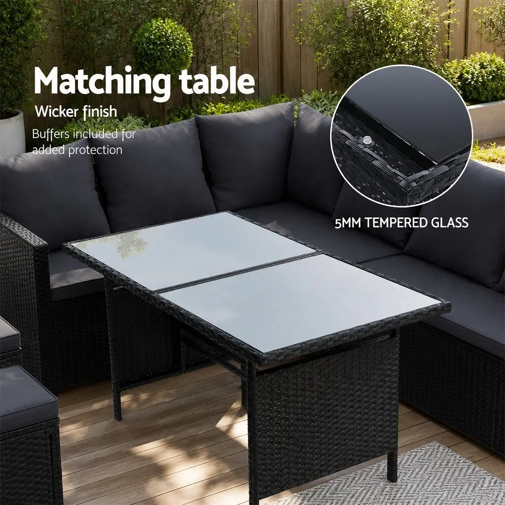 Wicker Sofa Set 9 Seater Outdoor Lounge Dining Arrangement with Table Black