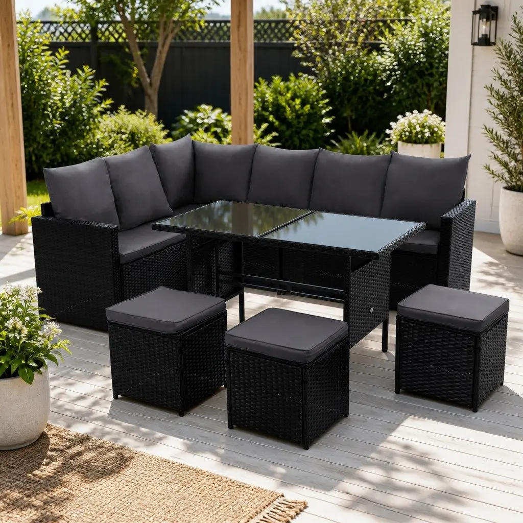 Wicker Sofa Set 9 Seater Outdoor Lounge Dining Arrangement with Table Black