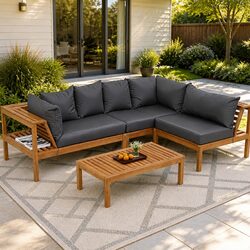 5-Seater Outdoor Sofa Set Specs: Wooden Frame & Cushions