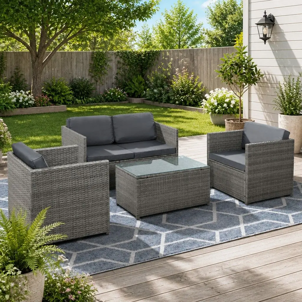 4 Piece Outdoor Wicker Sofa Set for Garden Patio Grey