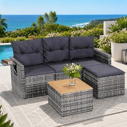 Outdoor Sofa Set: 5 Pieces in Grey Rattan, Dimensions Listed