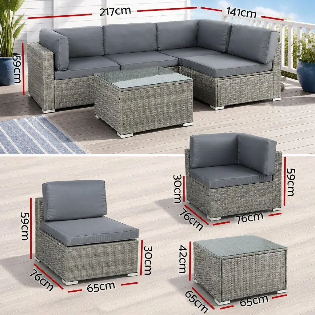 5-Piece Outdoor Wicker Sofa Set 4 Seater Lounge Couch Grey with Glass Top Table