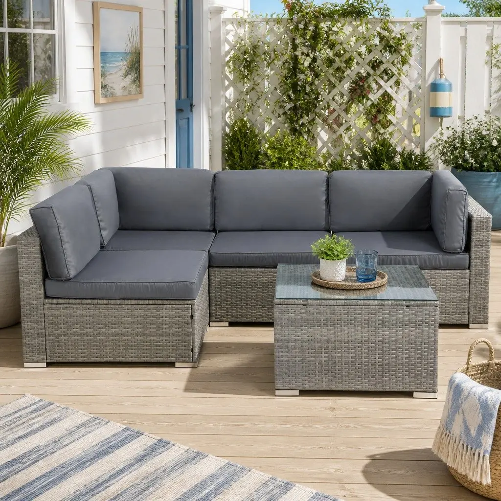 5-Piece Outdoor Wicker Sofa Set 4 Seater Lounge Couch Grey with Glass Top Table