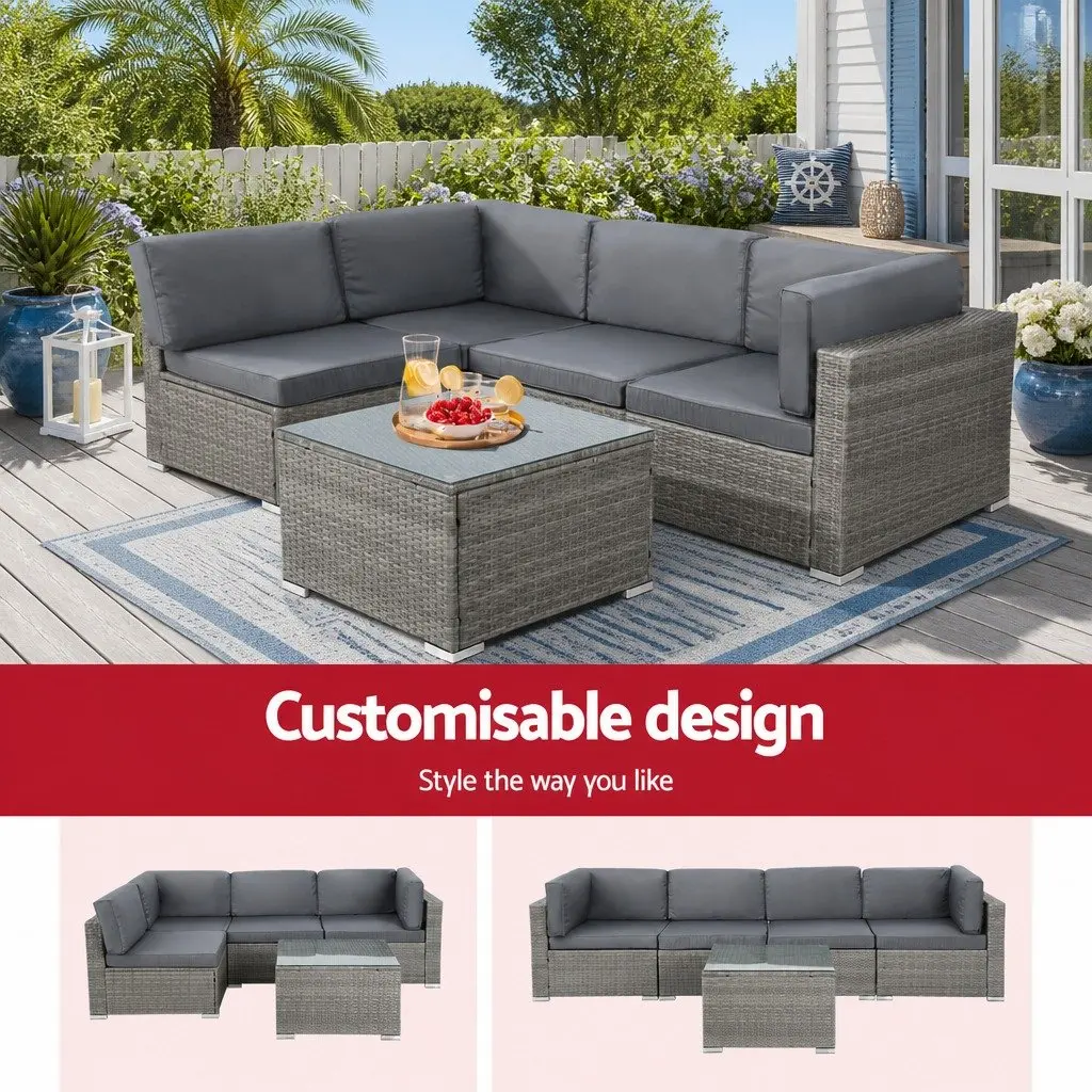 5-Piece Outdoor Wicker Sofa Set 4 Seater Lounge Couch Grey with Glass Top Table