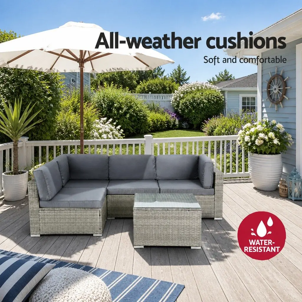 5-Piece Outdoor Wicker Sofa Set 4 Seater Lounge Couch Grey with Glass Top Table
