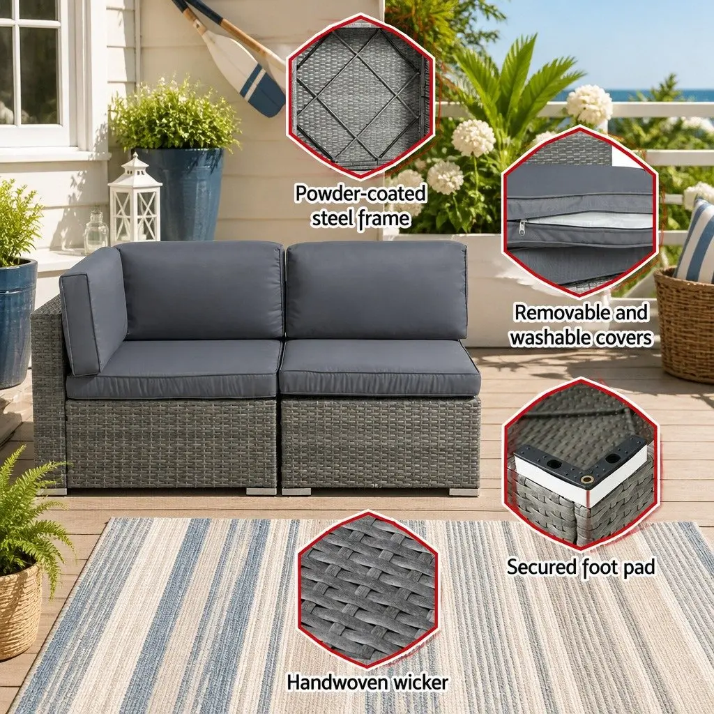 5-Piece Outdoor Wicker Sofa Set 4 Seater Lounge Couch Grey with Glass Top Table