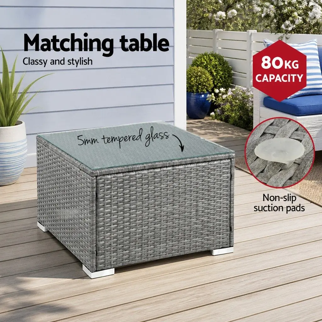 5-Piece Outdoor Wicker Sofa Set 4 Seater Lounge Couch Grey with Glass Top Table