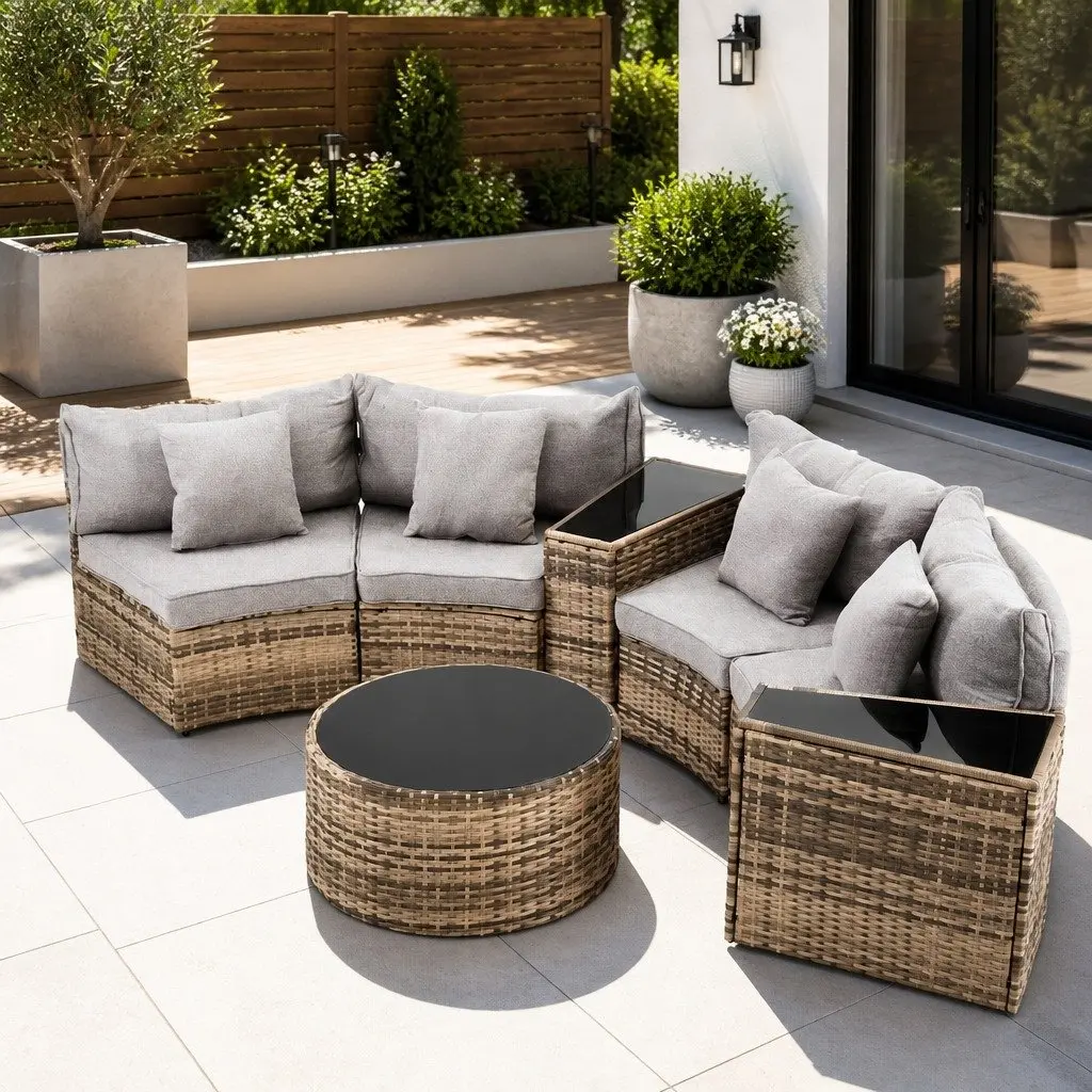 Outdoor Sofa Set 7 Piece for Patio and Garden Brown Rattan 4 Seater Lounge Suite