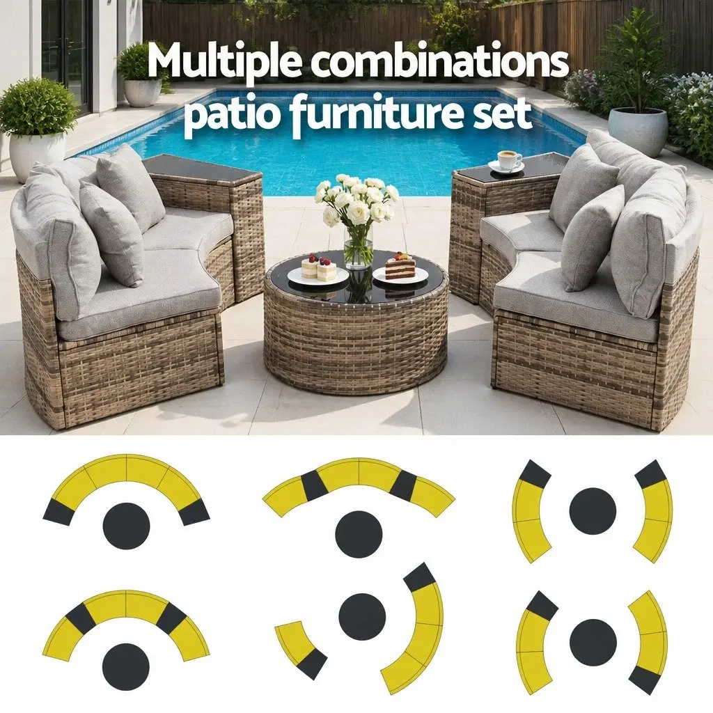 Outdoor Sofa Set 7 Piece for Patio and Garden Brown Rattan 4 Seater Lounge Suite