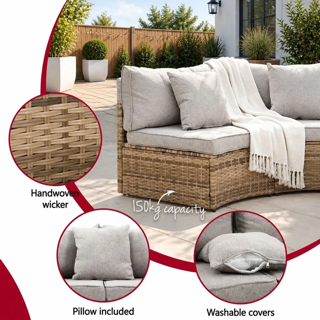 Outdoor Sofa Set 7 Piece for Patio and Garden Brown Rattan 4 Seater Lounge Suite