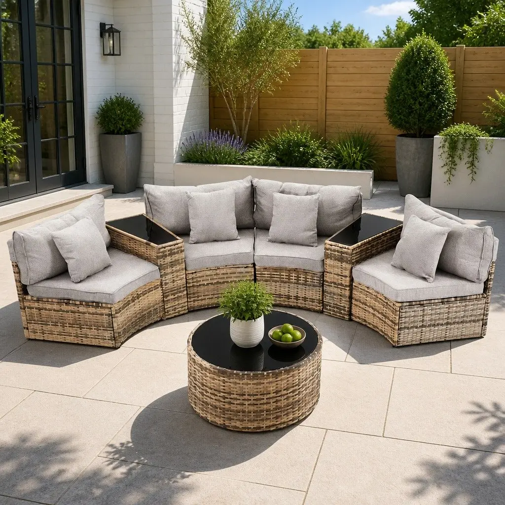 Outdoor Sofa Set 7 Piece for Patio and Garden Brown Rattan 4 Seater Lounge Suite