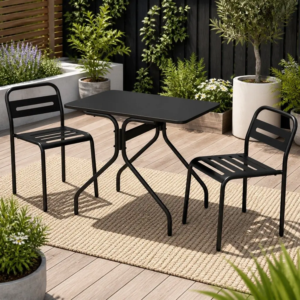 Black Steel Bistro Set for Outdoor Use 3 Piece Patio Dining Table and Chairs