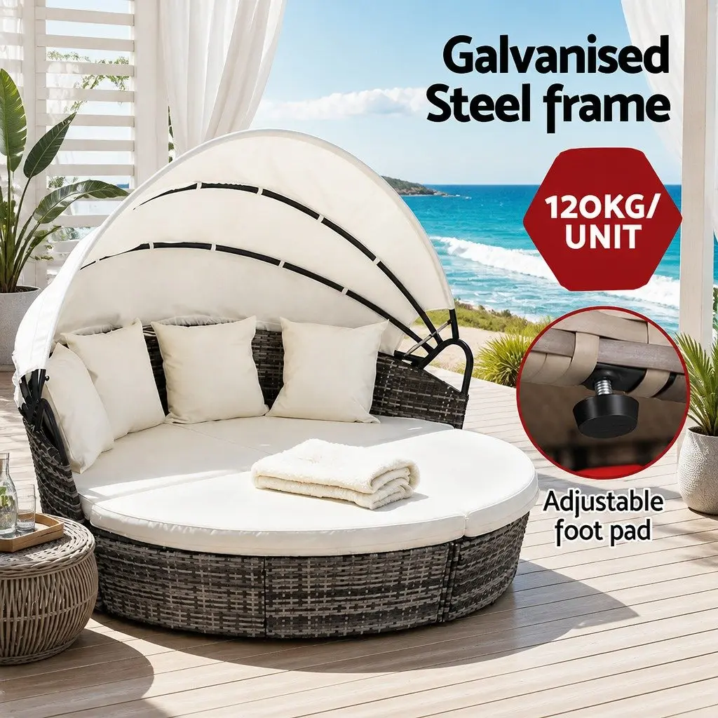 Outdoor Day Bed Sun Lounge Patio Furniture Set 3 Piece Wicker Lounger Folding Canopy