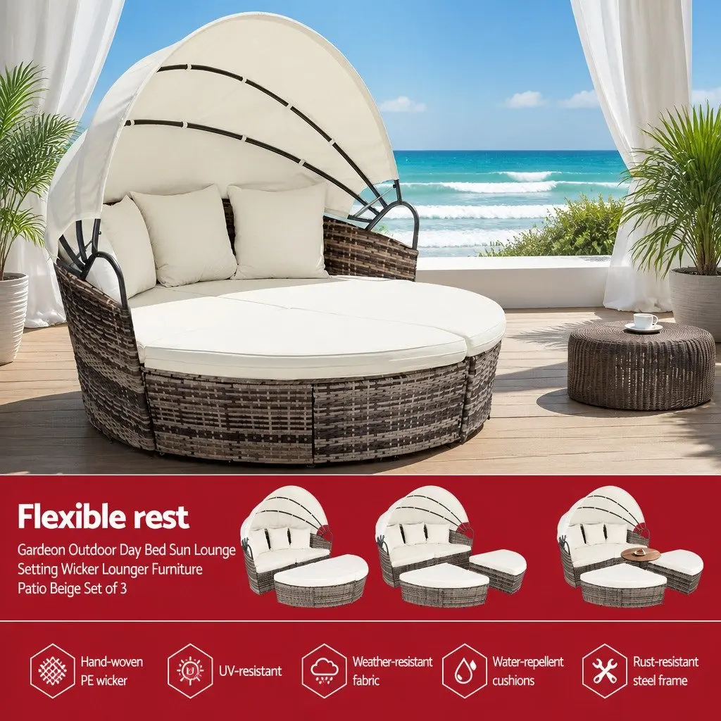 Outdoor Day Bed Sun Lounge Patio Furniture Set 3 Piece Wicker Lounger Folding Canopy