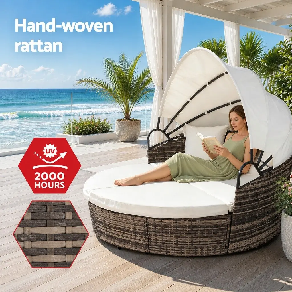 Outdoor Day Bed Sun Lounge Patio Furniture Set 3 Piece Wicker Lounger Folding Canopy