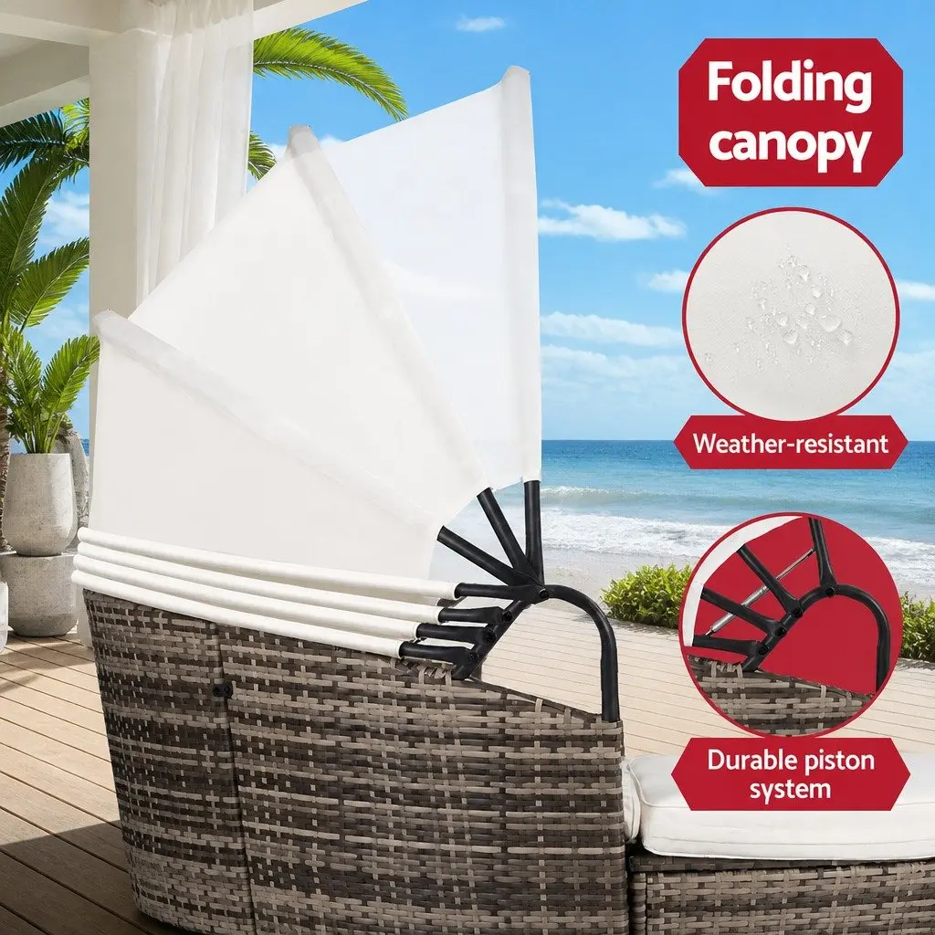 Outdoor Day Bed Sun Lounge Patio Furniture Set 3 Piece Wicker Lounger Folding Canopy