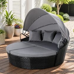 Outdoor Day Bed Sun Lounge Wicker Lounger Patio Furniture with Canopy Black