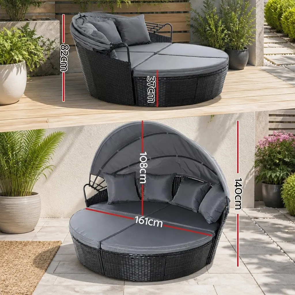 Outdoor Day Bed Sun Lounge Wicker Lounger Patio Furniture with Canopy Black 161cm L x 180cm W x 145cm H
