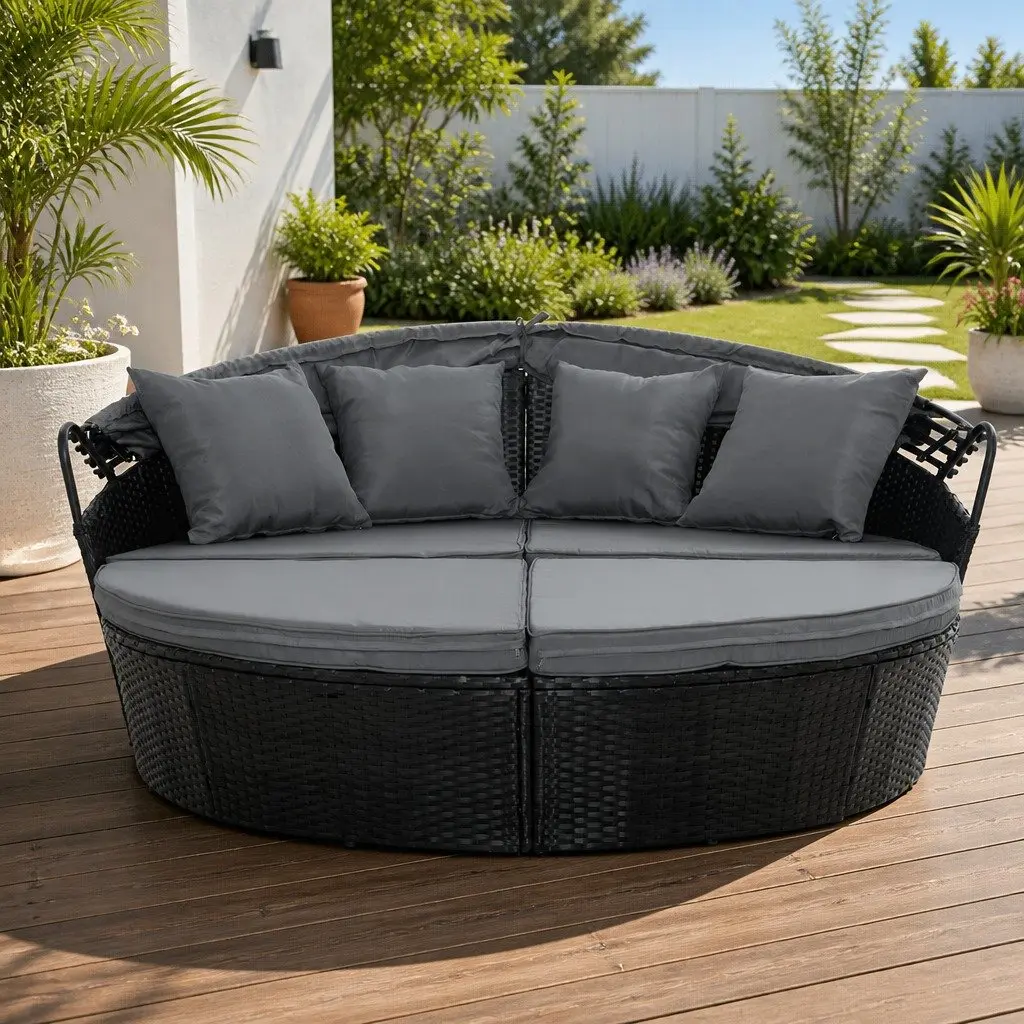 Outdoor Day Bed Sun Lounge Wicker Lounger Patio Furniture with Canopy Black 161cm L x 180cm W x 145cm H