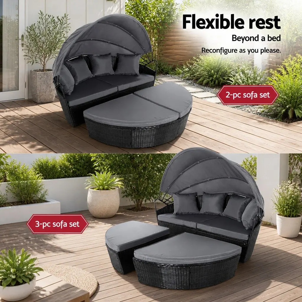 Outdoor Day Bed Sun Lounge Wicker Lounger Patio Furniture with Canopy Black 161cm L x 180cm W x 145cm H