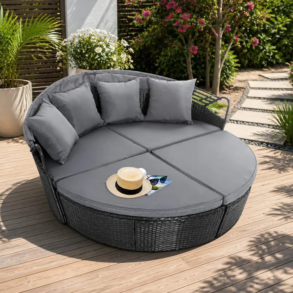 Outdoor Day Bed Sun Lounge Wicker Lounger Patio Furniture with Canopy Black 161cm L x 180cm W x 145cm H