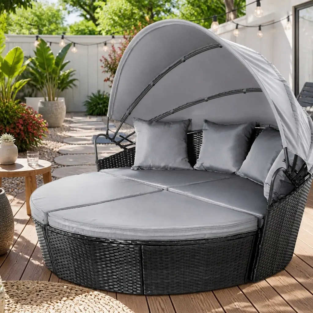 Outdoor Day Bed Sun Lounge Wicker Lounger Patio Furniture with Canopy Black 161cm L x 180cm W x 145cm H