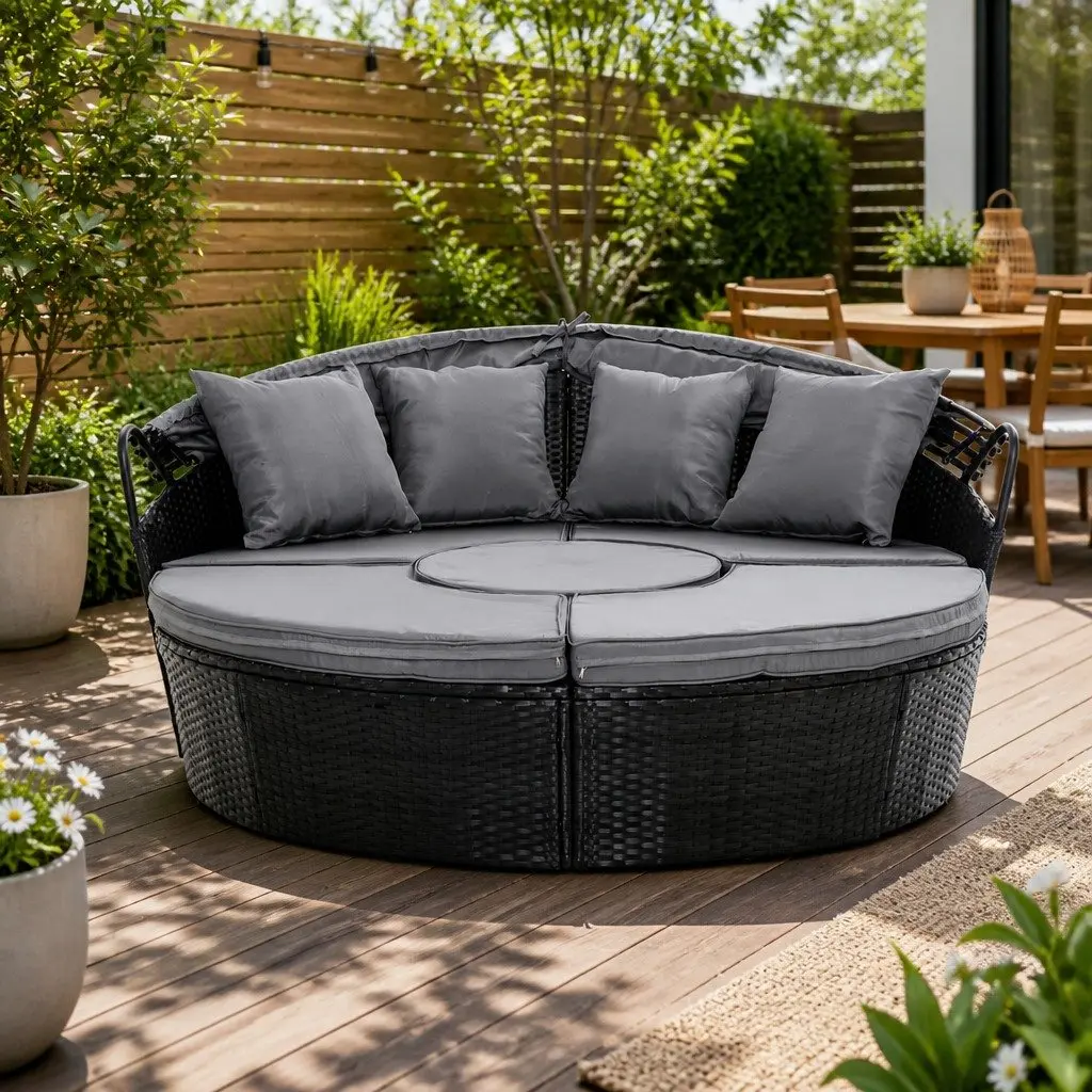 Outdoor Day Bed Sun Lounge Setting Wicker Lounger Patio Furniture Black 0-90