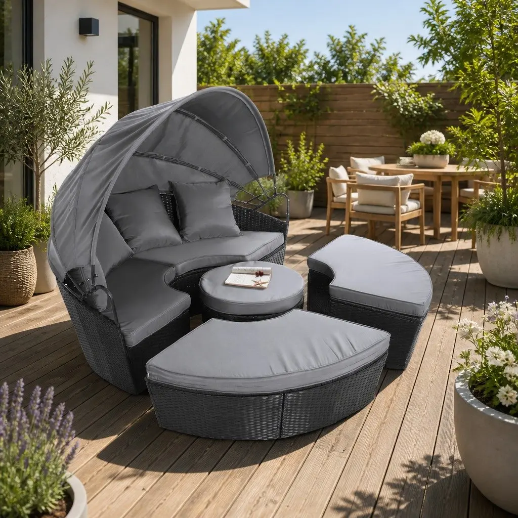 Outdoor Day Bed Sun Lounge Setting Wicker Lounger Patio Furniture Black 0-90