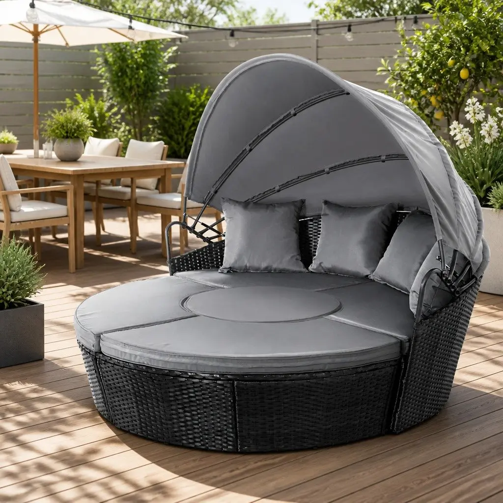 Outdoor Day Bed Sun Lounge Setting Wicker Lounger Patio Furniture Black 0-90