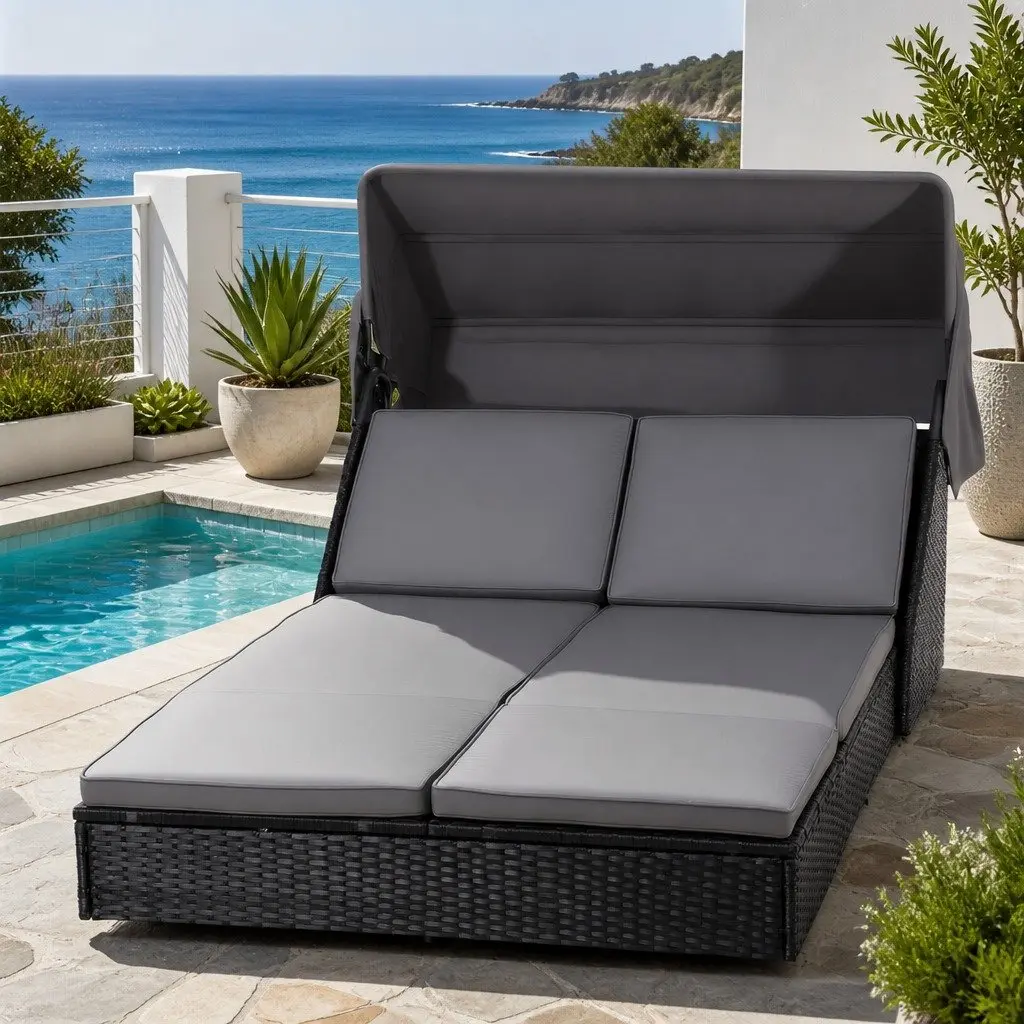 Day Bed Sun Lounge with Steel Frame and Adjustable Canopy