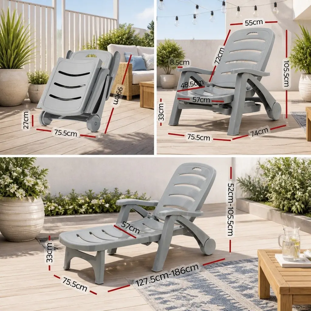 Sun Lounger Outdoor Chair Folding with Wheels Grey 1275 to 186 cm Length 755 cm Width 520 to 1055 cm Height