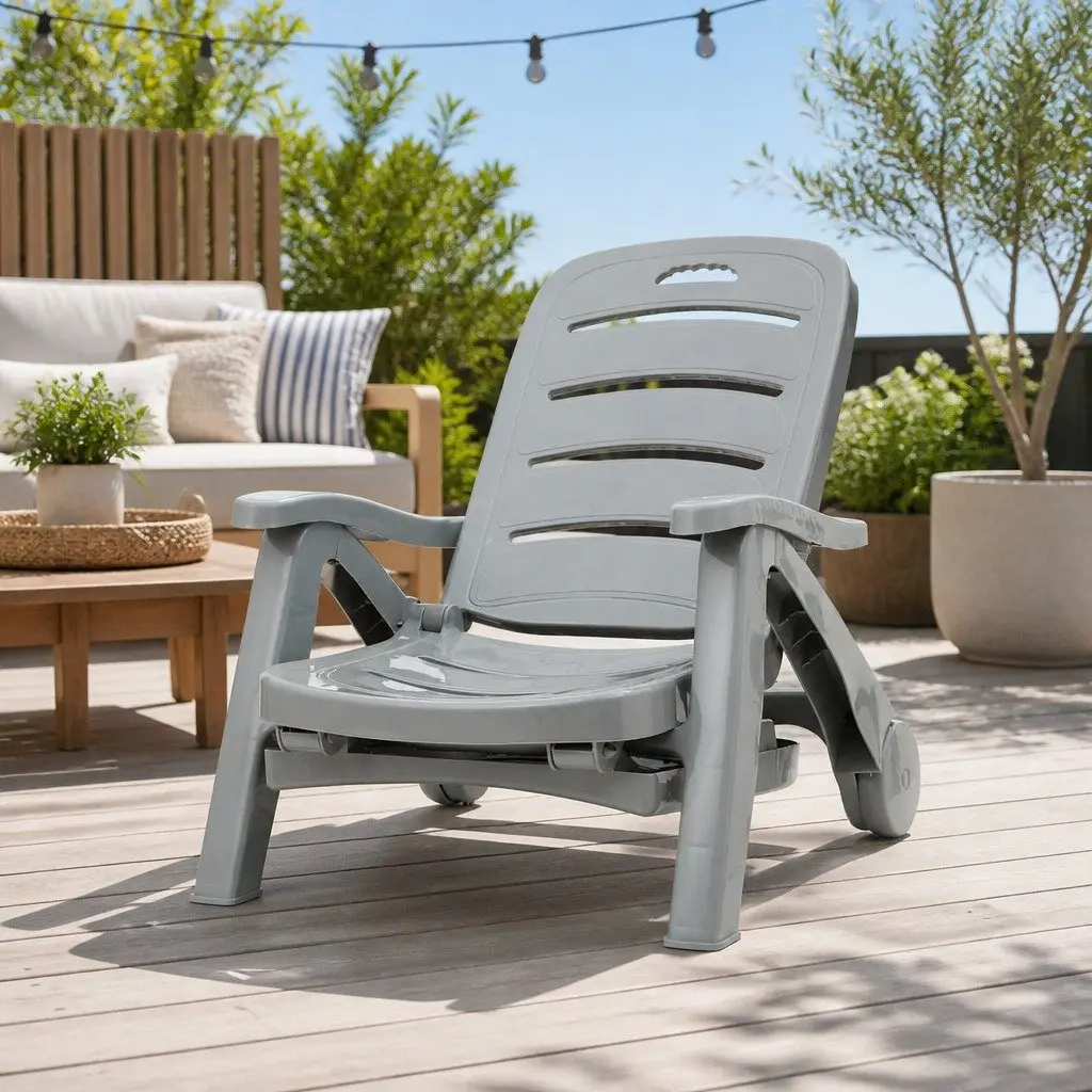 Sun Lounger Outdoor Chair Folding with Wheels Grey 1275 to 186 cm Length 755 cm Width 520 to 1055 cm Height