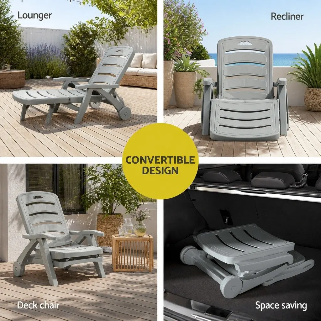 Sun Lounger Outdoor Chair Folding with Wheels Grey 1275 to 186 cm Length 755 cm Width 520 to 1055 cm Height