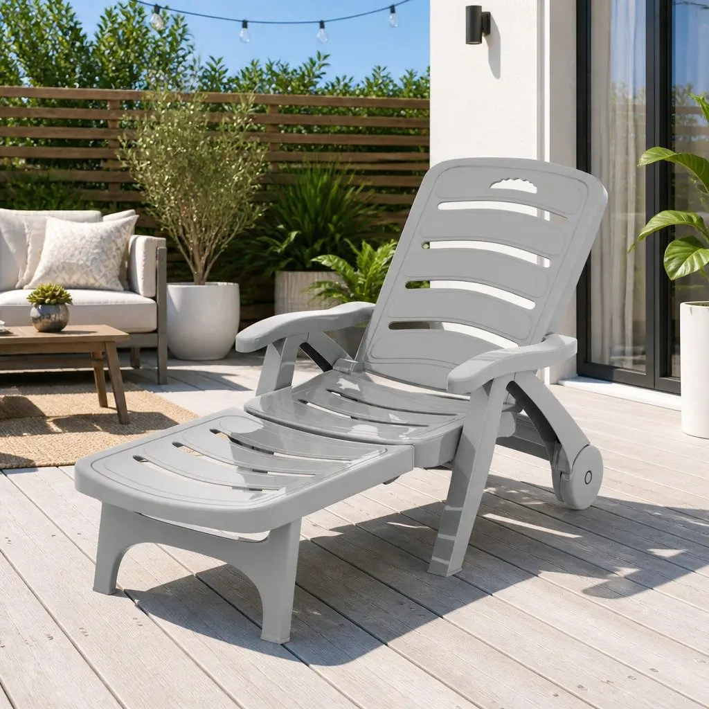Sun Lounger Outdoor Chair Folding with Wheels Grey 1275 to 186 cm Length 755 cm Width 520 to 1055 cm Height