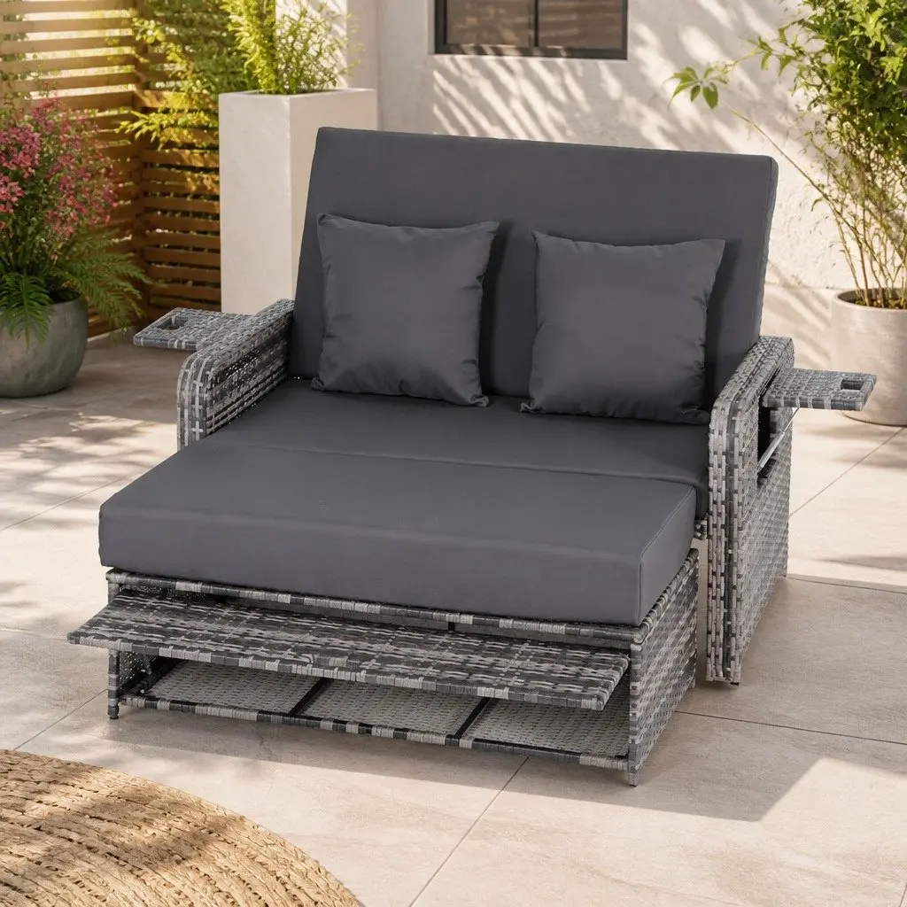 Outdoor Day Bed Sun Lounge Wicker Rattan Patio Furniture Adjustable Lounger Grey