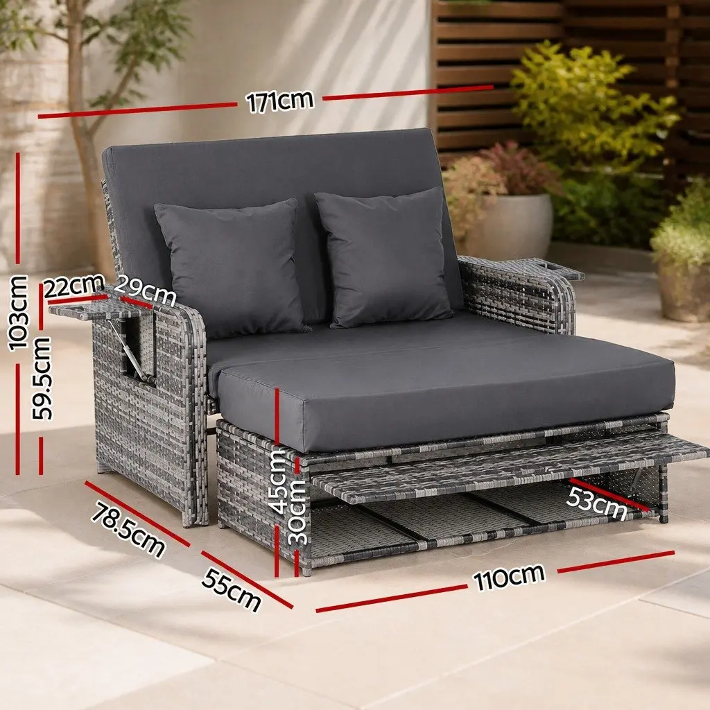 Outdoor Day Bed Sun Lounge Wicker Rattan Patio Furniture Adjustable Lounger Grey