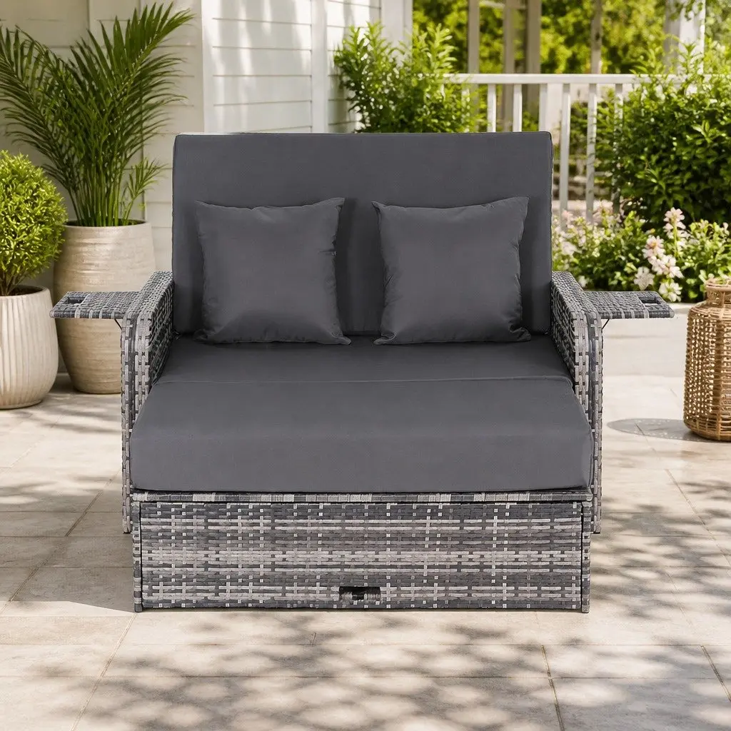 Outdoor Day Bed Sun Lounge Wicker Rattan Patio Furniture Adjustable Lounger Grey