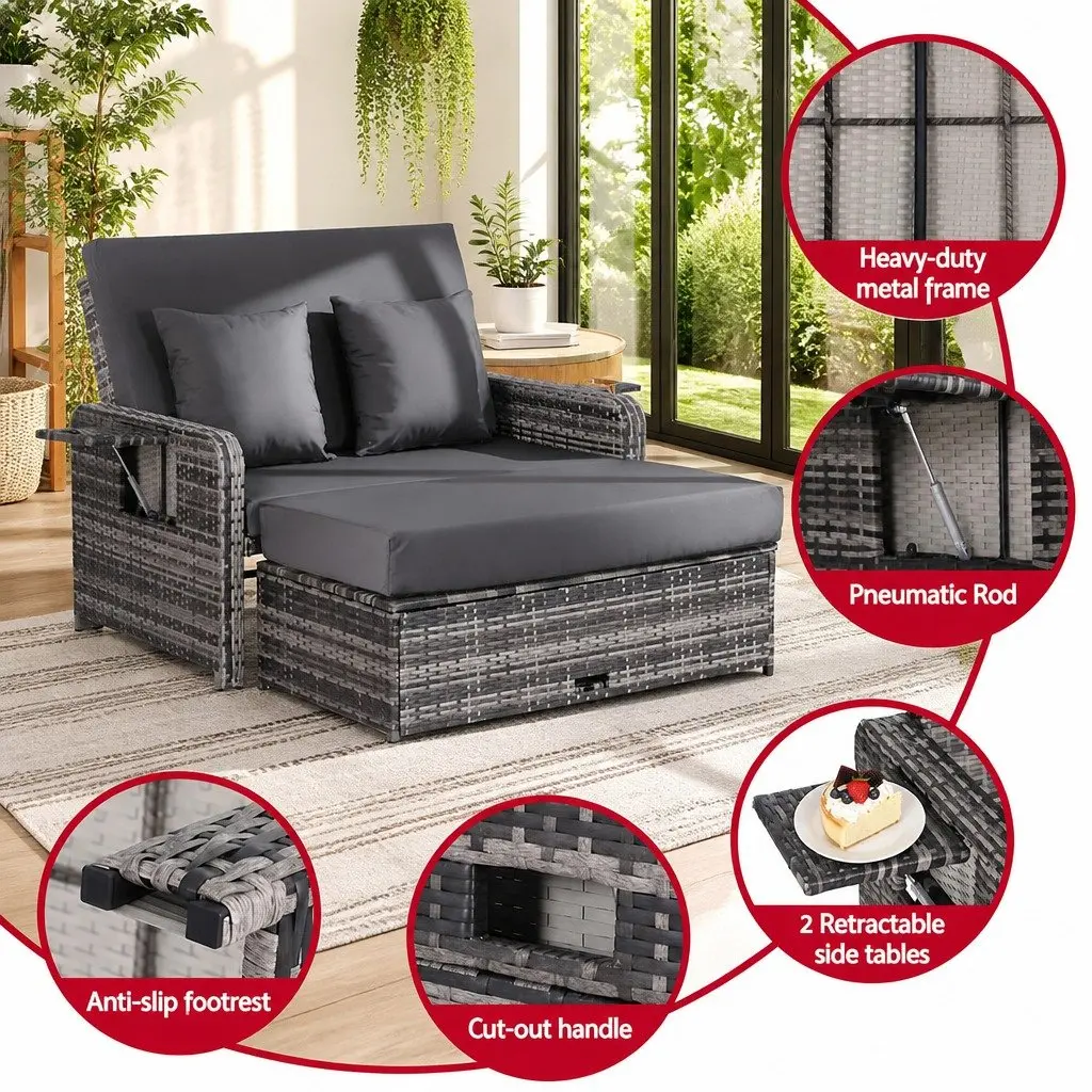 Outdoor Day Bed Sun Lounge Wicker Rattan Patio Furniture Adjustable Lounger Grey