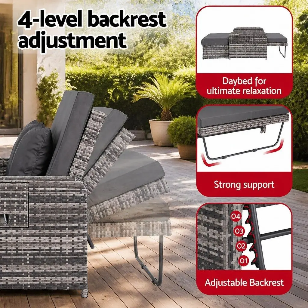Outdoor Day Bed Sun Lounge Wicker Rattan Patio Furniture Adjustable Lounger Grey
