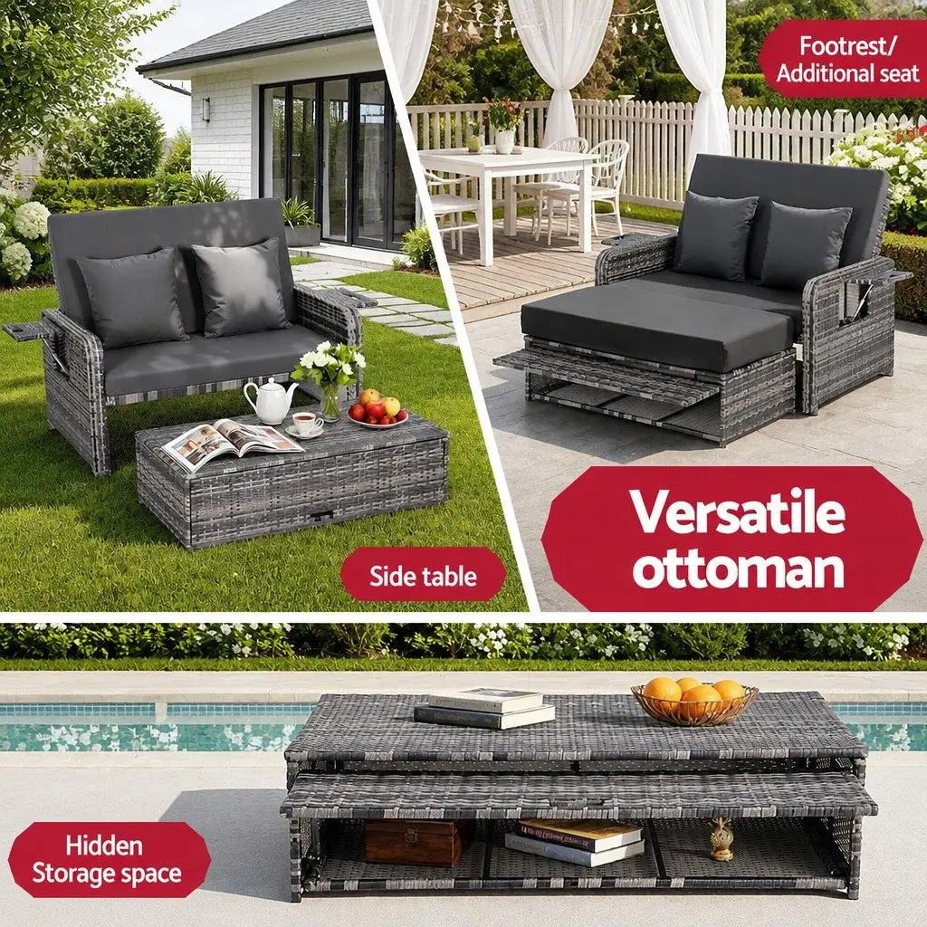 Outdoor Day Bed Sun Lounge Wicker Rattan Patio Furniture Adjustable Lounger Grey