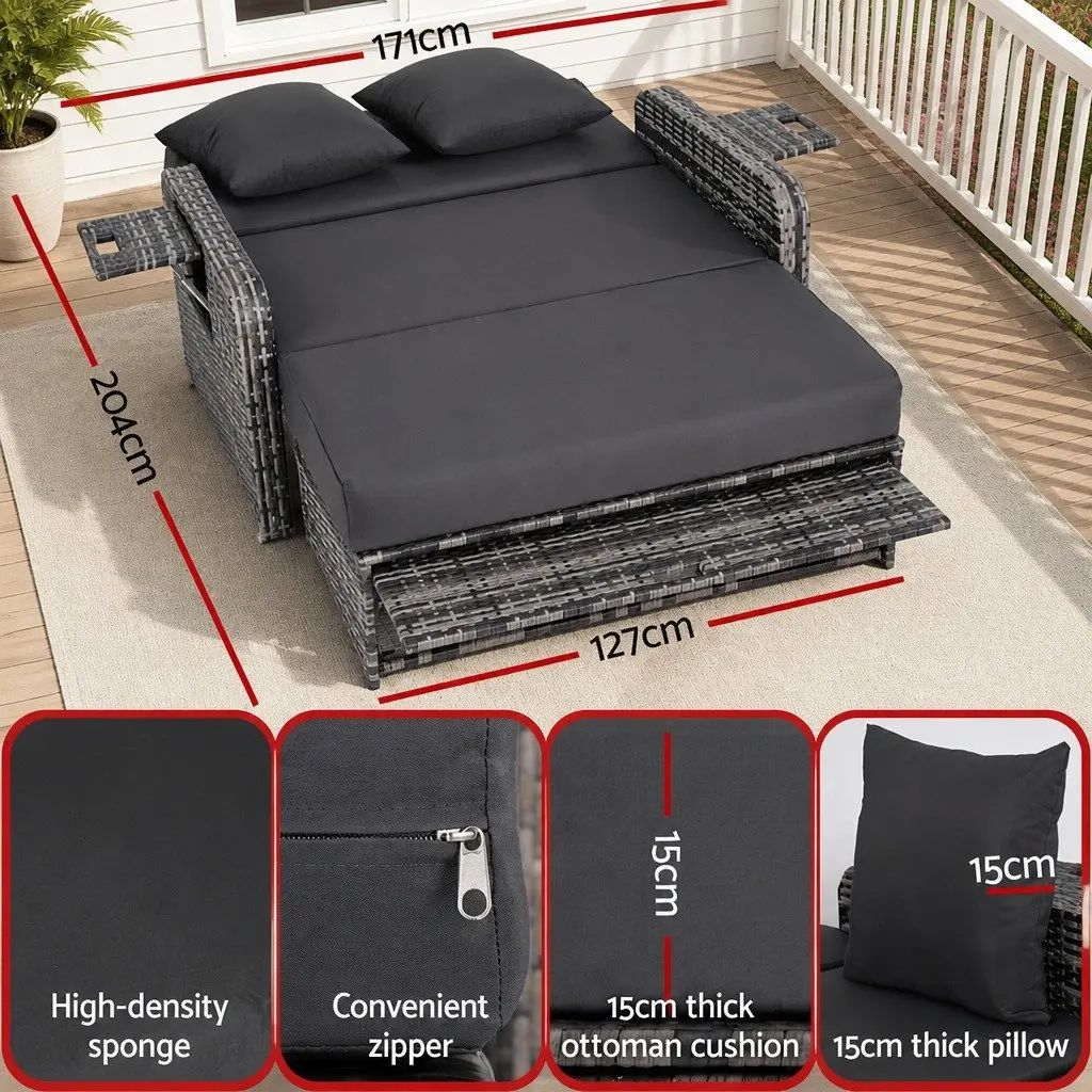 Outdoor Day Bed Sun Lounge Wicker Rattan Patio Furniture Adjustable Lounger Grey